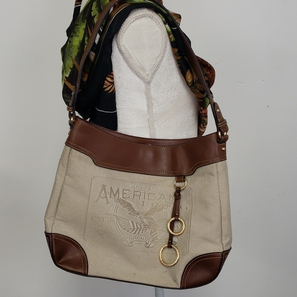 American Living Shoulder Bag EUC Tan & Brown Canvas & Faux Leather